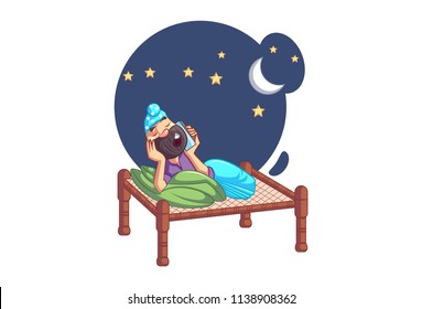 Vector cartoon illustration of Punjabi sardar is relaxing on bed in night and talking on phone. Isolated on white background.