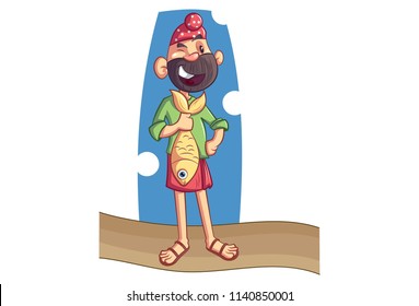 Vector cartoon illustration of Punjabi sardar holding fish in hand. Isolated on white background. 