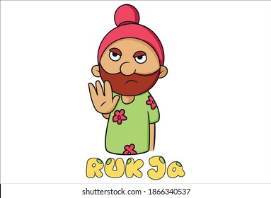 Vector cartoon illustration of Punjabi Sardar. Ruk ja Hindi text translation - stop. Isolated on white background.