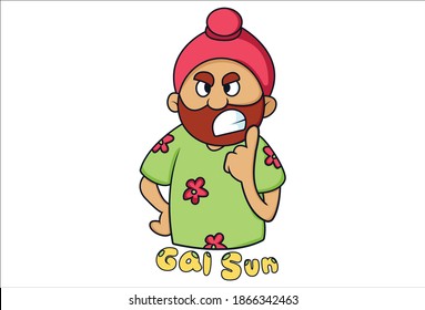 Vector cartoon illustration. Punjabi Sardar is angry. Gal sun Hindi text translation -  listen. Isolated on white background.
