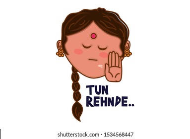 Vector cartoon illustration of punjabi woman face and hand. Tun rehnde Punjabi text translation - stop. Isolated on white background.