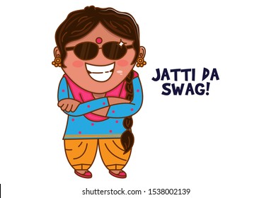 Vector cartoon illustration of Punjabi woman wearing glasses. Jatti da swag Punjabi text translation - woman swag. Isolated on white background.