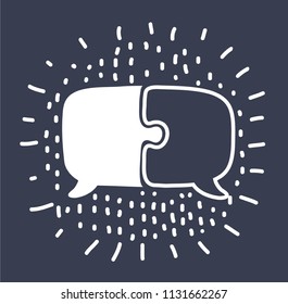 Vector cartoon illustration of puzzle speech bubble icon, outline hand drawn element on dark background.