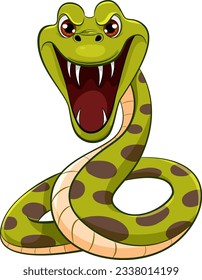 A vector cartoon illustration of a python snake with its mouth open, ready to bite with sharp teeth