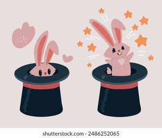 Vector cartoon illustration of rabbit in magic hat.