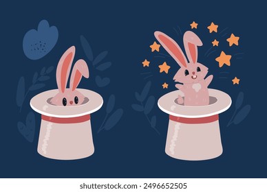 Vector cartoon illustration of rabbit in magic hat over dark backround