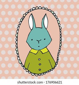 Vector cartoon illustration with rabbit portrait in frame on polka dots background