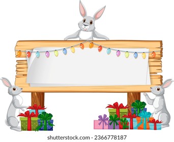 Vector cartoon illustration of rabbits celebrating with gift boxes and a wooden signboard