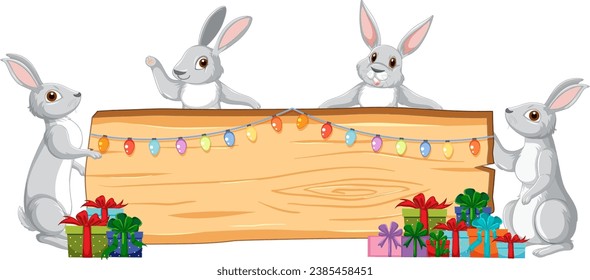 Dibujo vectorial de conejos celebrando con cajas de regalo y carteles de madera