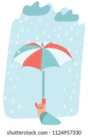 Vector cartoon illustration of Rainy background with umbrella and hanging clouds. Human hands.