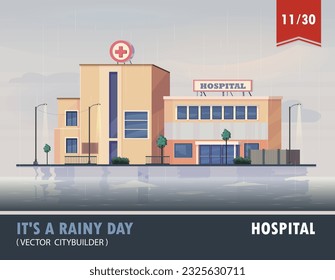 Dibujo de dibujos animados de la construcción moderna de lluvias en hospitales públicos o clínicas. Exterior del centro médico municipal. Ilustración del vector de dibujos animados planos de color. Ilustración de material vectorial