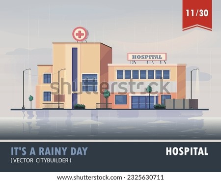 Vector cartoon illustration of rainy modern building of public hospital or clinic. Exterior of municipal medical center. Colored flat cartoon vector illustratio. Vector stock illustration