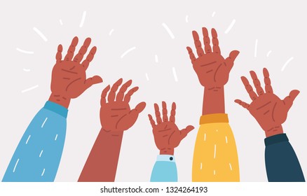 Vector cartoon illustration of Raised up hands. Teamwork, collaboration, voting, volunteering concert. Diversity of human hands raised. Charity, crowd, workforce, community concept.