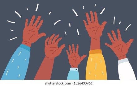 Vector cartoon illustration of Raised up human hands. Group is the crowd. Isolated on a dark background.