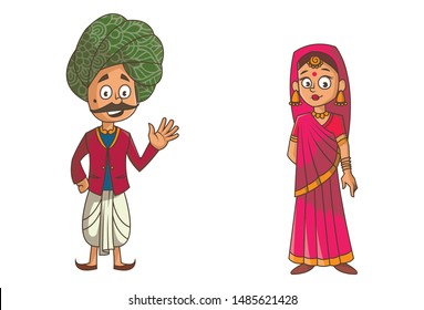 Vector cartoon illustration of rajasthani couple. Isolated on white background. 