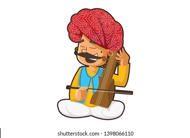 Vector cartoon illustration of rajasthani man playing sarangi instrument. Isolated on white background.