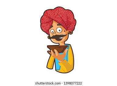 Vector cartoon illustration of rajasthani man holding bowl in hand. Isolated on white background.