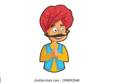 Vector cartoon illustration of rajasthani man greet hand. Isolated on white background.