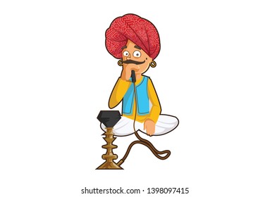 Vector cartoon illustration of rajasthani man holding hookah. Isolated on white background.