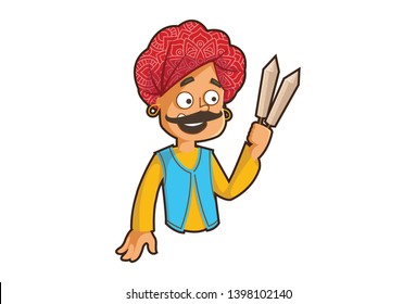 Vector cartoon illustration of rajasthani man holding kulfi. Isolated on white background.