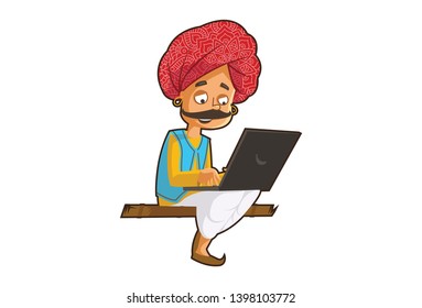 Vector cartoon illustration of rajasthani man working on laptop. Isolated on white background.