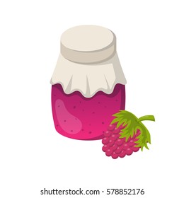 Vector cartoon illustration with raspberry jam jar. Sweet jelly marmalade glass bottle. Homemade sugar preserves icon. Fruit food object