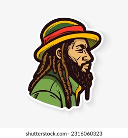 Ilustración vectorial de dibujos animados, rastaman con dreadlocks, emblema del hombre feliz. Diseño de pegatinas para la cabeza hippie, retrato hipster, estilo de vida para fumar marihuana. Hombre sonriente con barba en un sombrero de color verde, rojo, amarillo