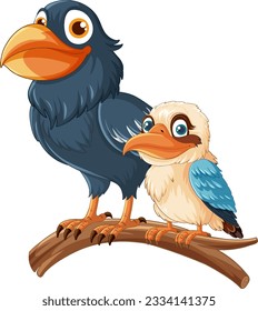 A vector cartoon illustration of a raven and a kookaburra bird standing on a tree branch illustration