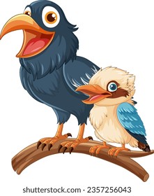 A vector cartoon illustration of a raven and a kookaburra bird standing on a tree branch illustration