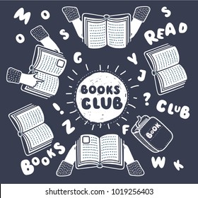 Vector cartoon illustration of Reading club. Open books in human hands and letters on table with hands top view vector illustration. Funny outline composition in modern style on black background.