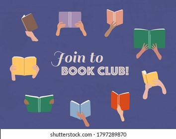 Vector cartoon illustration of Reading club. Open books in hands.