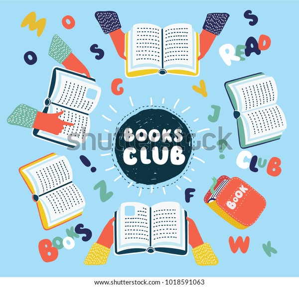 Vector cartoon illustration of Reading club. Open\
books on table with human hands top view, letters and words around.\
Colorful graphic\
concept