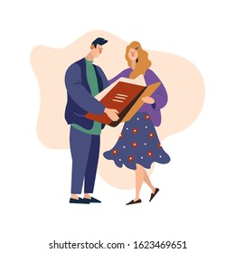 Vector cartoon illustration of reading people on white background. Man and women hold a book. Book Festival, Library, Bookstore Shop Advertising.