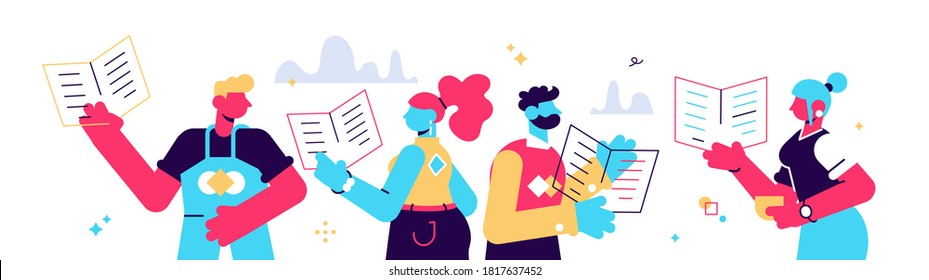 Vector cartoon illustration of reading people set on white background. Man and woman hold a book in their hands. Human character on white background.