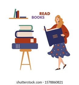 Vector cartoon illustration of reading woman on white background. Woman hold a book in their hands. Pile of books in a flat style. Book Festival, Library, Bookstore Shop Advertising.