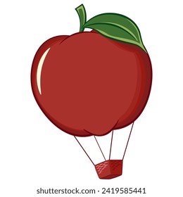 vector cartoon illustration of a red apple becoming a flying air balloon