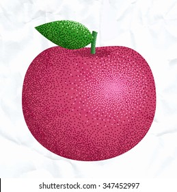 Vector cartoon illustration of a red apple with a green leaf. Pointillism. Dots. Creased paper. Paper background.