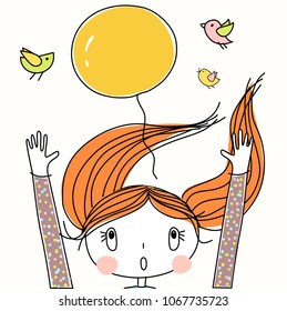 Vector cartoon illustration of red blowing hair girl with hands up trying to cought the yellow balloon, surprise on her birthday, little birds flying around on background. Postcard nursery gift.