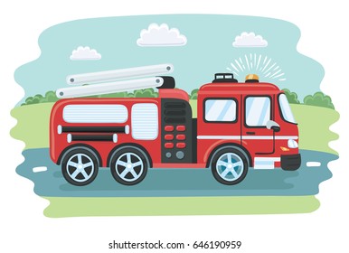 Vector cartoon illustration of red fire truck with white stripes on summer road background