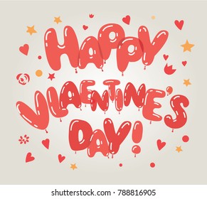 Vector cartoon illustration of Red Heart Balloons Valentine's Day Card. Love and Valentine's Day concept. Lettering. Red balloon letters shape.