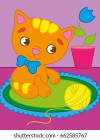 Vector cartoon illustration of red kitten plays with a ball in the room