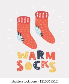 Vector cartoon illustration of Red knit wool socks. Funny winter concept on white background. Hand drawn symbol of winter season and holidays.