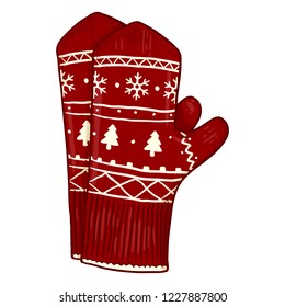 Vector Cartoon Illustration - Red Knitted Mittens with Christmas Ornament