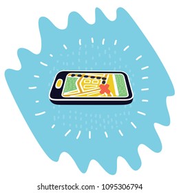 Vector cartoon illustration with Red mark of destination and road on smartphone map. GPS navigation concept.