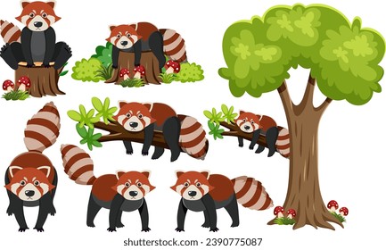 Vector cartoon illustration of a red panda perched on a branch surrounded by tree elements