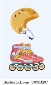 Vector cartoon illustration of red roller skate, sport equipment and yellow sport helmet