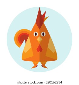 Vector cartoon illustration of red rooster, chicken with funny emotion eyes. Flat style icon element for design. Abstract animal, bird with shadow. Red, orange rooster art, round background