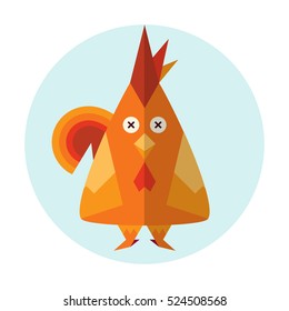 Vector cartoon illustration of red rooster, chicken with funny emotion eyes. Flat style element for design. Perfect for icon, smile 