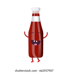 Vector cartoon illustration: Red sauce bottle character. Tomato hot sauce or ketchup happy character with smiling face. Dancing ketchup isolated on a white background.