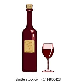 Vector Cartoon Illustration - Red Wine Bottle and Wineglass